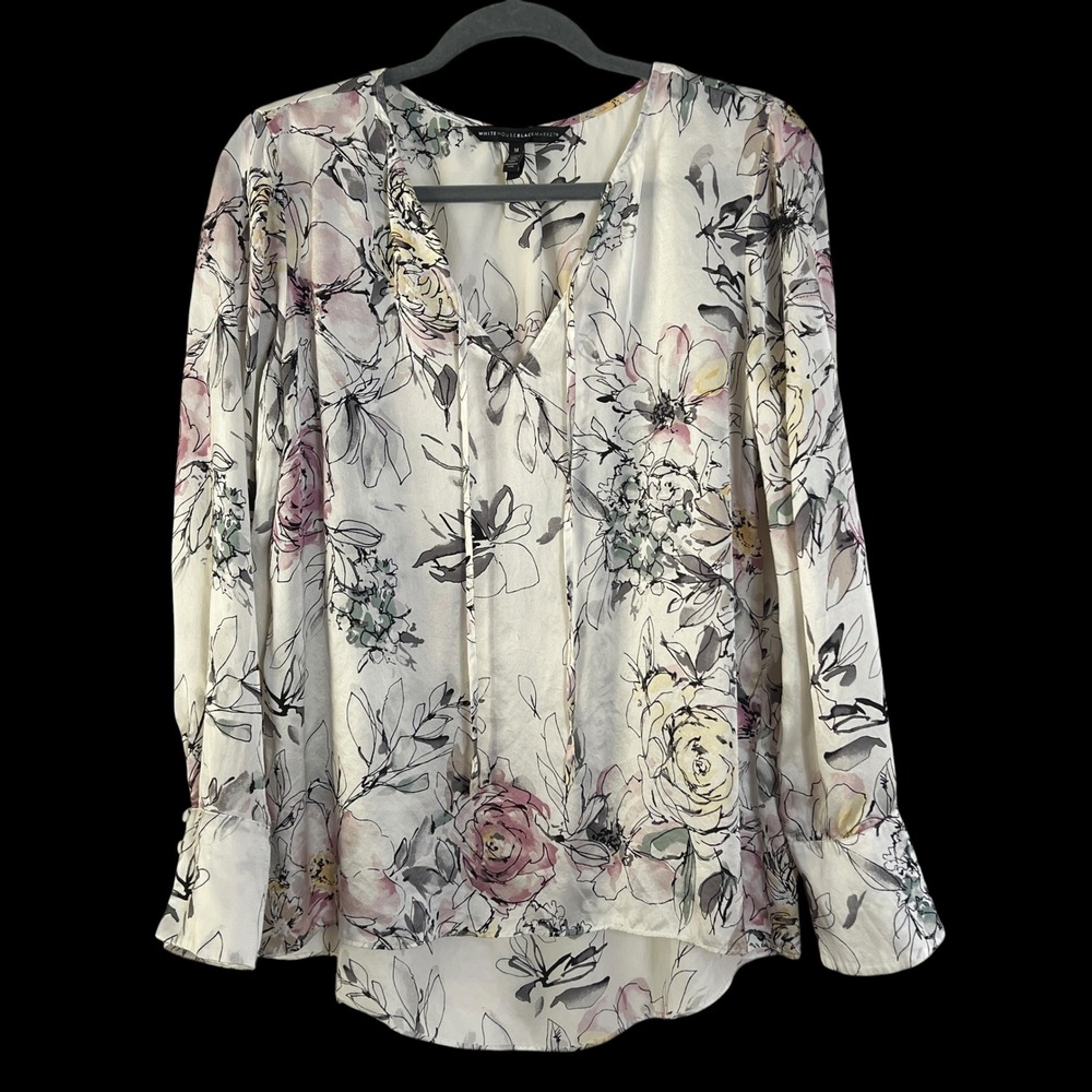 White House Black Market 100% Silk Floral V-Neck Tie Blouse Ivory Pink Size M